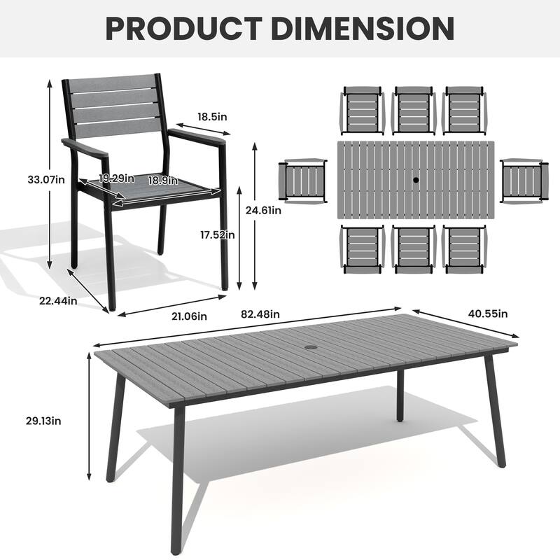 Outdoor 9-piece Patio Dining Set Aluminum Dining Table with Umbrella Hole and Chairs