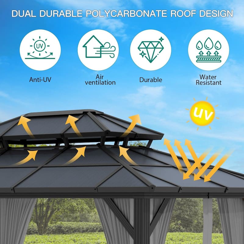 Heavy Duty Double Roof Outdoor Gazebo, with Netting and Sunshade Curtains