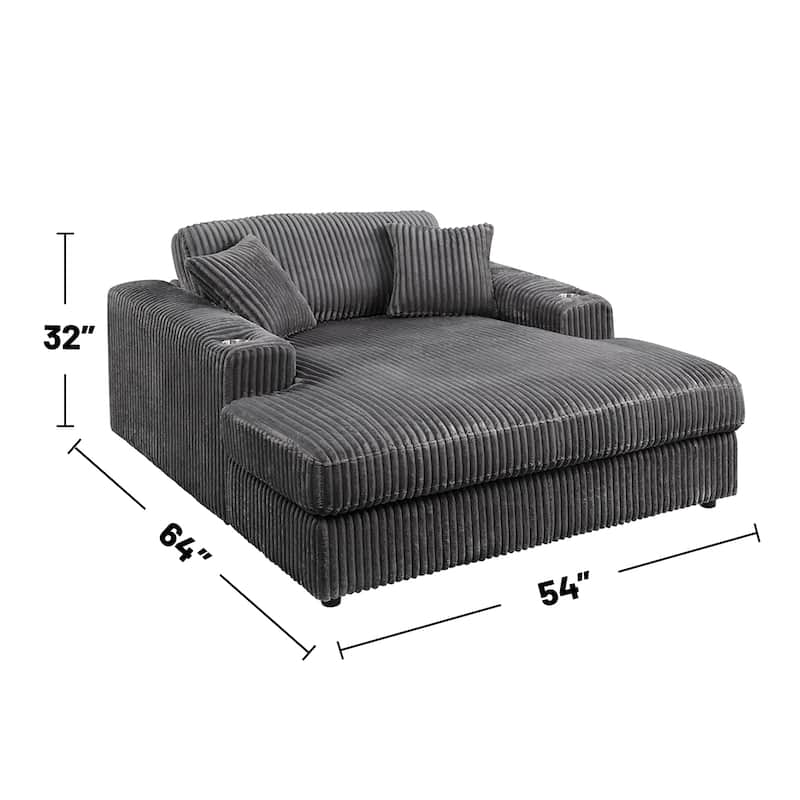 Corduroy Fabric Upholstered Chaise with 2 Cup Holders