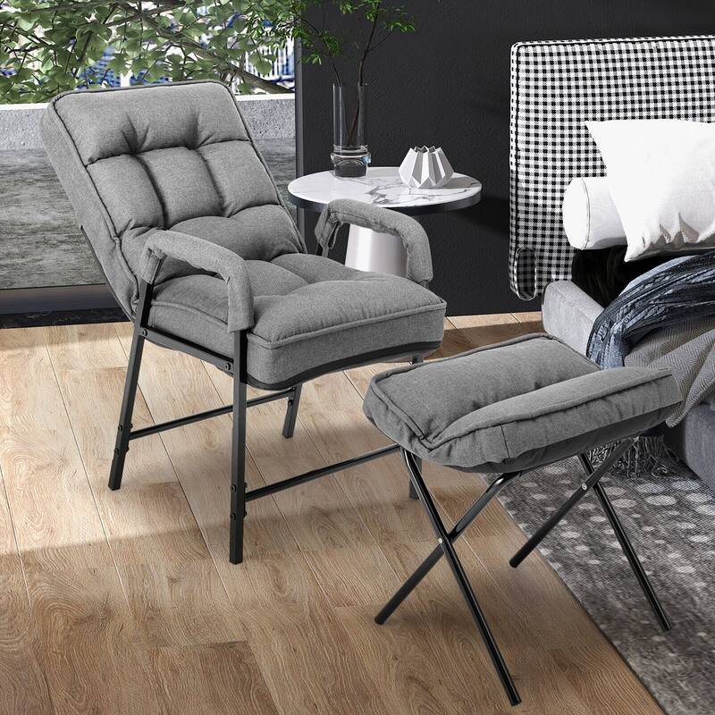 Gymax Modern Accent Chair with Ottoman Linen Fabric Arm Chair with