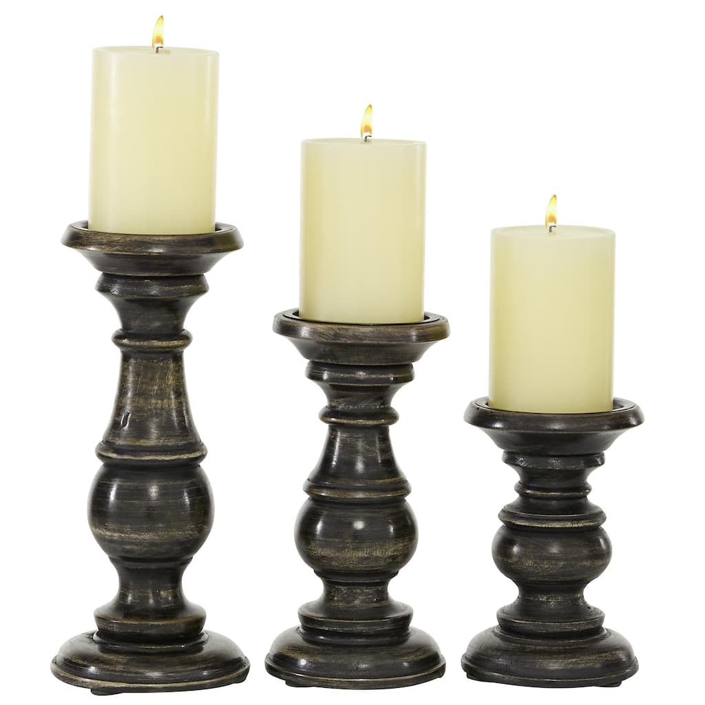 Mango Wood Distressed Turned Pillar Decorative Candle Holder - Set of 3 - Roche River Decor