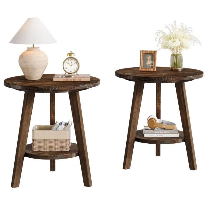 Solid Wood End Table, 2 Tiers Round Side Table, Farmhouse Nightstand - 2PCS - Dark Brown