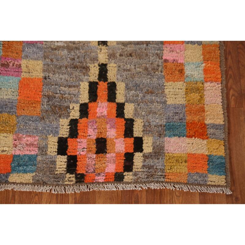Checkered Moroccan Oriental Runner Rug Handmade Tribal Wool Carpet - 2'10" x 12'8"