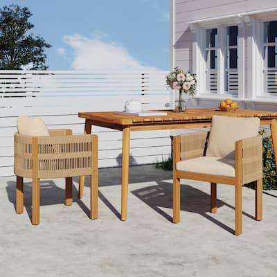 Set of 2 Outdoor Acacia Wood and Rope Dining Chairs with Cushions