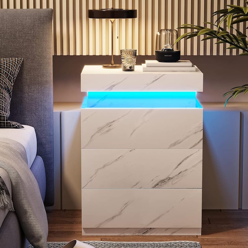 Bedroom Nightstand Charging Station LED Lights Sliding Top 3 Drawers