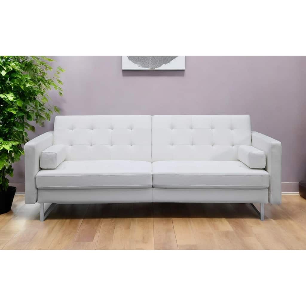 80" White Faux Leather Sofa With Silver Legs