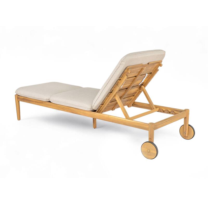 Roomfitters Riviera Outdoor Acacia Wood Chaise Lounge with Wheels and Cushion, Teak Finish Set of 2