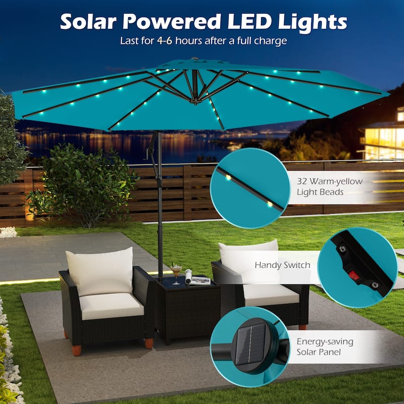 Large 10 Feet Patio Offset Umbrella with Stable Crossed Base and Solar LED Lights for Outdoor