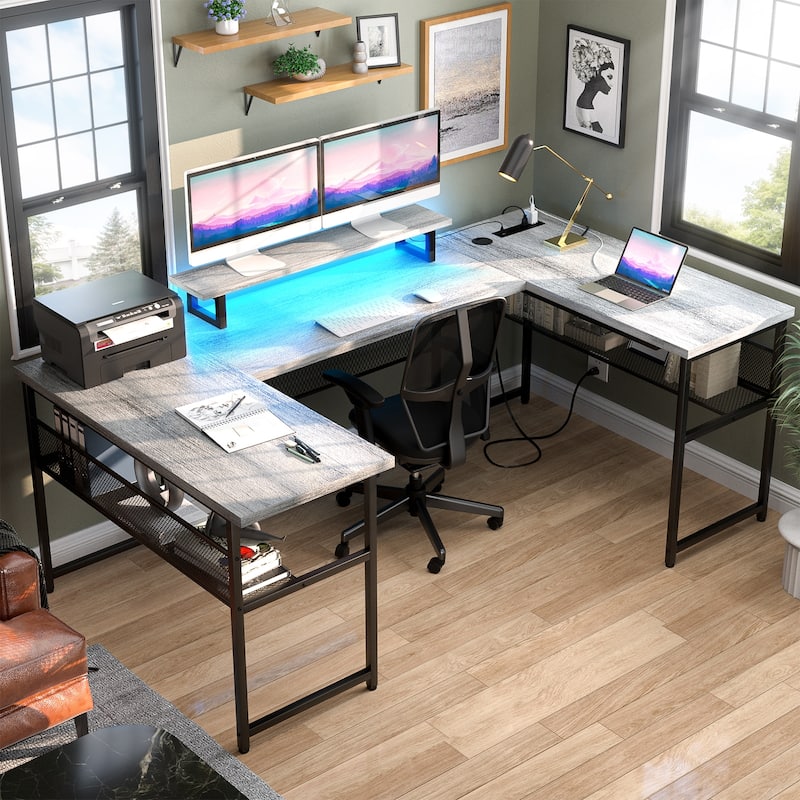 3-in-one U-Shape Computer Desk with Charge Station, Office Corner Desk with Monitor Stand - Grey