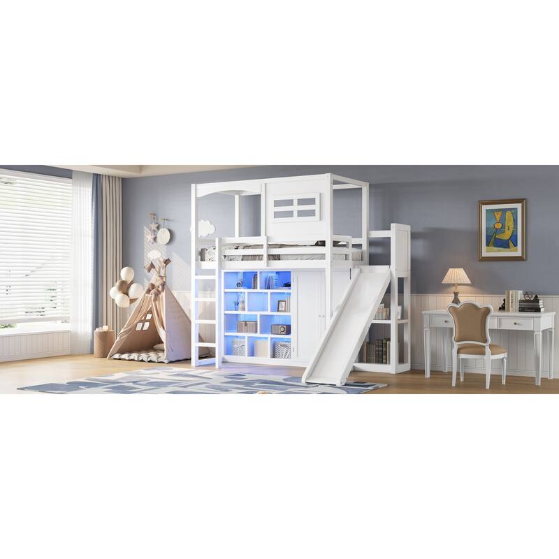 GDFStudio - Solid Wood Loft Bed with Wardrobe, Slide, Storage Shelves & LED