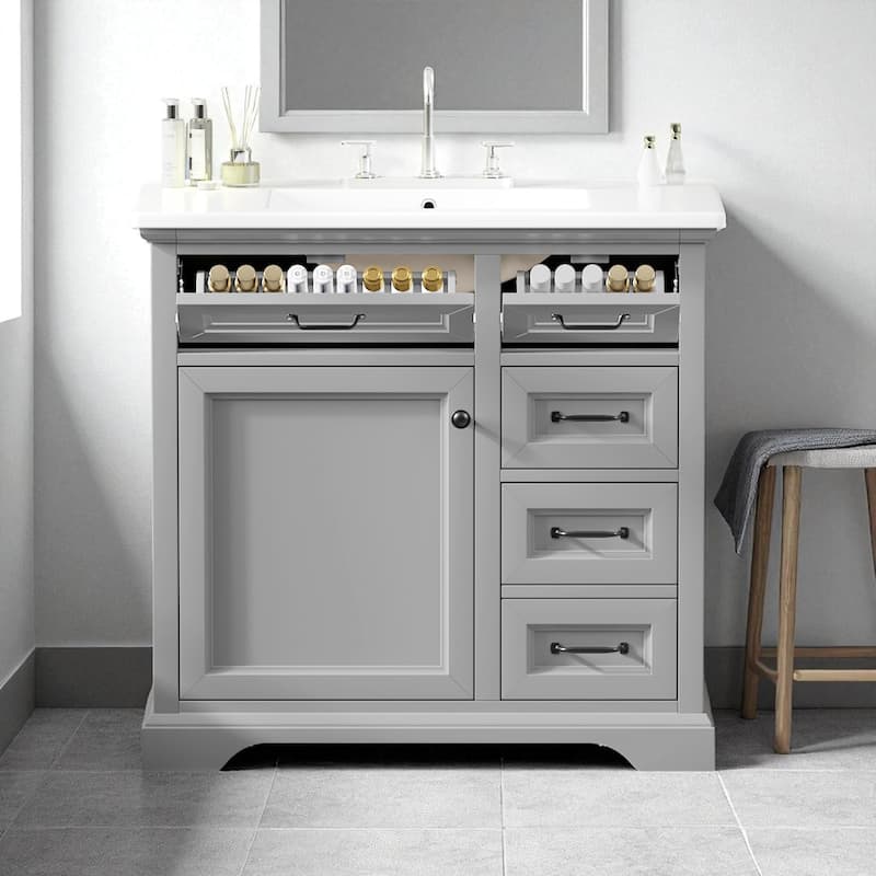 36" Bathroom Vanity with Sink, Light Gray Cabinet with 4 Drawers & 1 Door, Ceramic Basin, MDF & Rubber Wood Frame - Light Gray