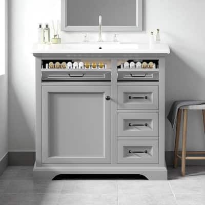 36" Bathroom Vanity with Sink, Light Gray Cabinet with 4 Drawers & 1 Door, Ceramic Basin, MDF & Rubber Wood Frame