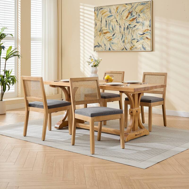 Rattan Dining Chairs Set of 2, Mid Century Modern Kitchen & Dining Room Chairs, Upholstered Side Chair with Hardwood Frame
