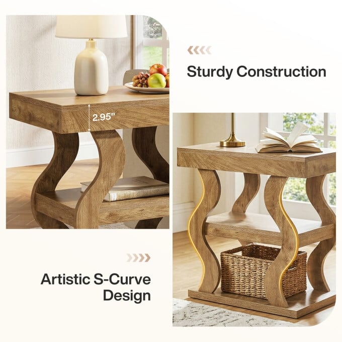 3-Tier Narrow Wooden End Table, Nightstand With Open Storage Shelf