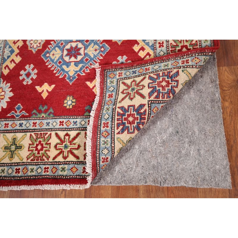 Red Geometric Kazak Oriental Foyer Rug Hand-Knotted Wool Carpet - 3'4" x 5'6"