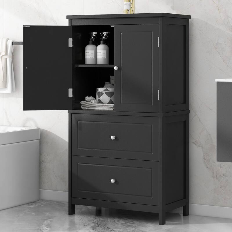 GDFStudio - Emery 43" Tall Bathroom Storage Cabinet with Adjustable Shelf and Dual Drawers, Modern MDF Organizer