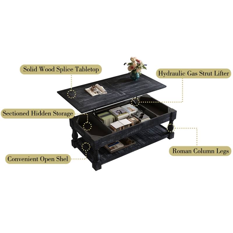 Roomfitters Farmhouse Lift Top Coffee Table, Wood Center Table with 3 Storage Trays and Lower Shelf, Antique Black