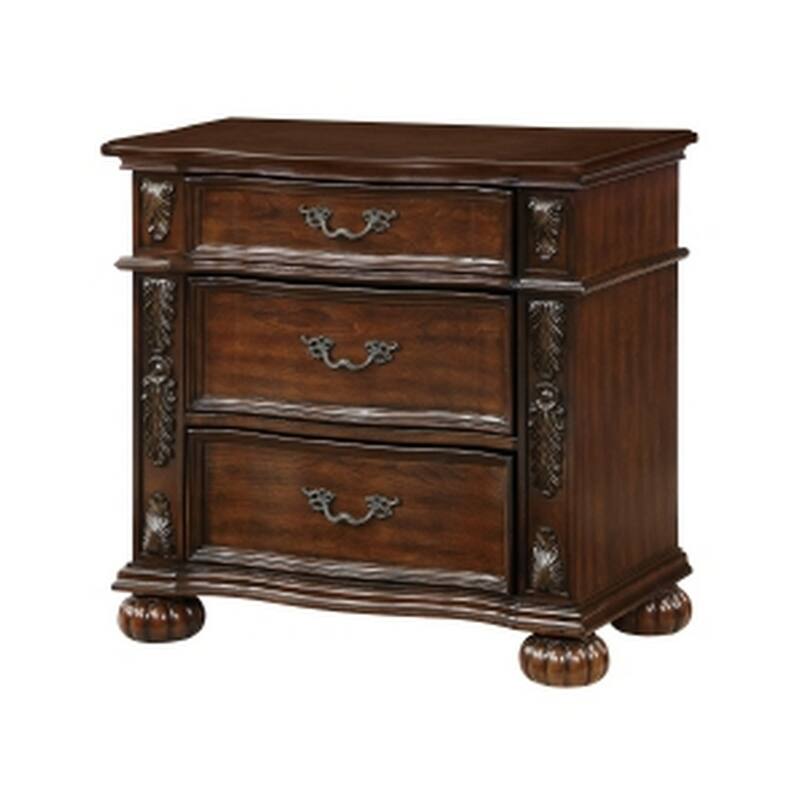 Cherry Brown 3 Drawer 18.5 in. W Nightstand with Leaf Carving Design