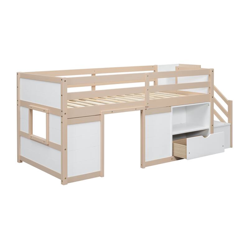 Cream,White Twin Size Solid Wood Low Loft Bed with Stair, Drawer, and Shelf for Bedroom