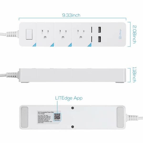 dimension image slide 3 of 2, Wi-Fi Smart Surge Protector Power Strip, 3 AC Outlets & 2 USB Ports Smartphone Controlled
