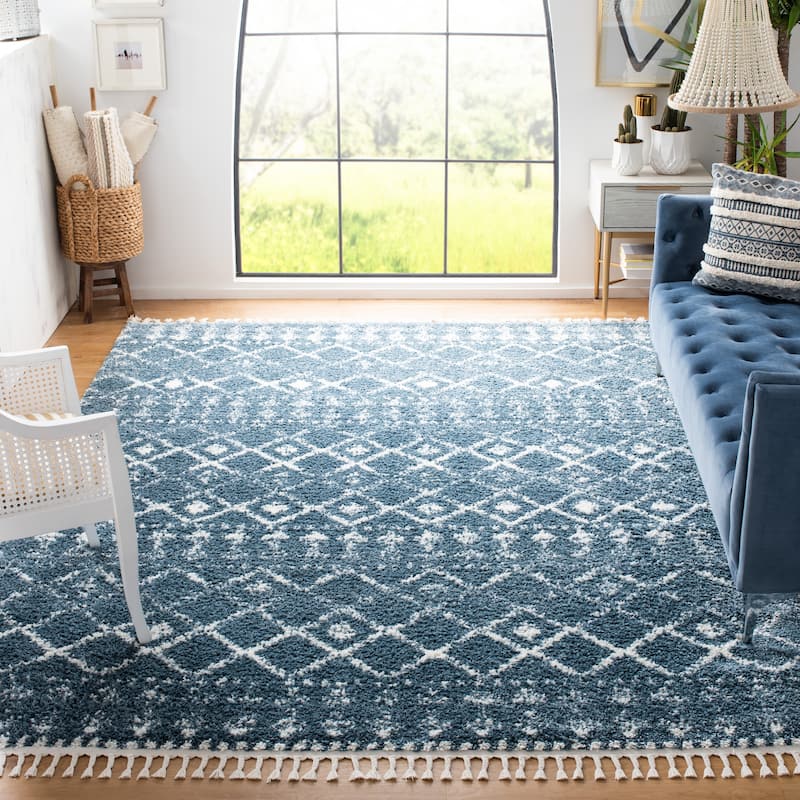 SAFAVIEH Berber Fringe Mirveta Liller Trellis Area Rug - 8' x 10' - Blue/Ivory