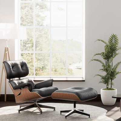 Full Grain Leather Upholstered Swivel Accent Chair and Ottoman