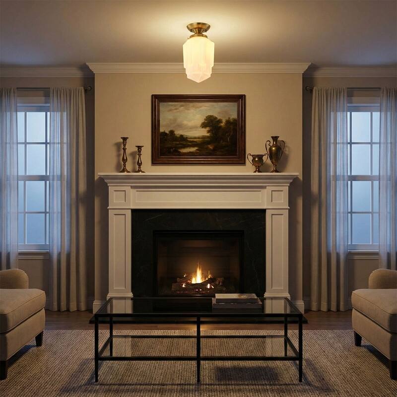 Vintage Antique Bronze White Jade Glass One Light Flush Mount Ceiling Light