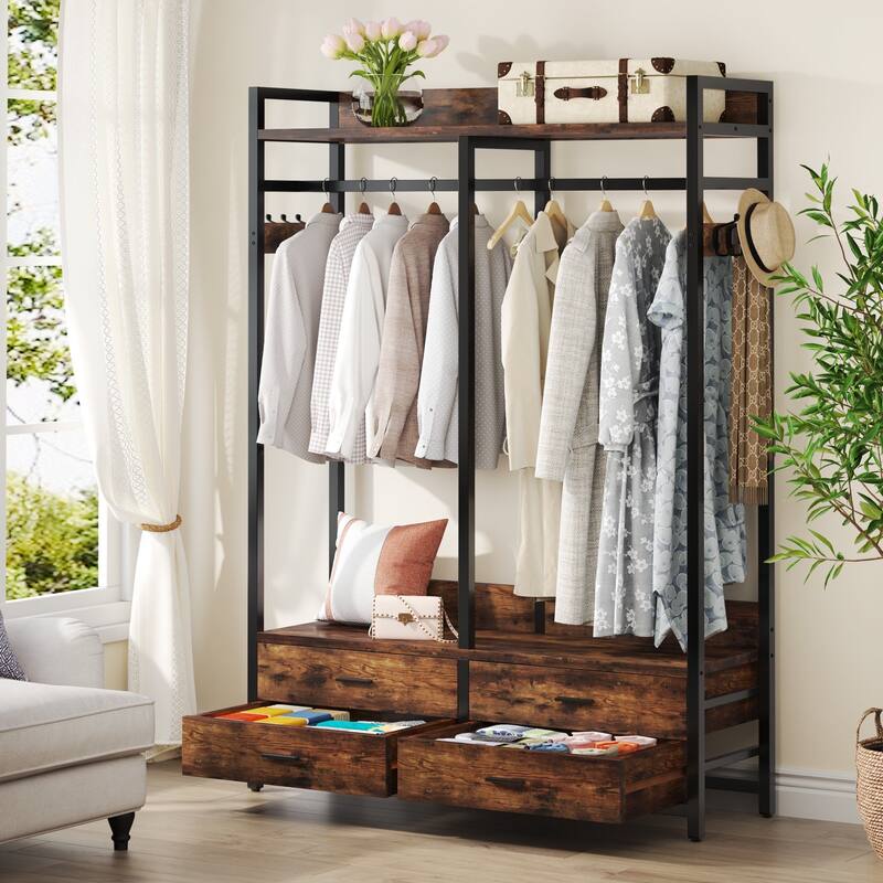 Freestanding Open Wardrobe Closet, Heavy Duty Garment Rack Closet Organizer, Rustic Brown