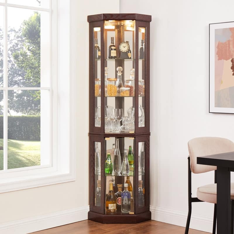 Stylish Corner Display Cabinet with Built-In Lights – Ideal for Showcasing Collectibles, Glassware, or Decor.