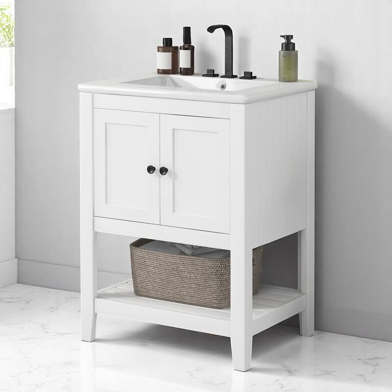 24" Bathroom Vanity with Ceramic Sink, Solid Wood Frame & Open Shelf, Freestanding Modern Cabinet - White