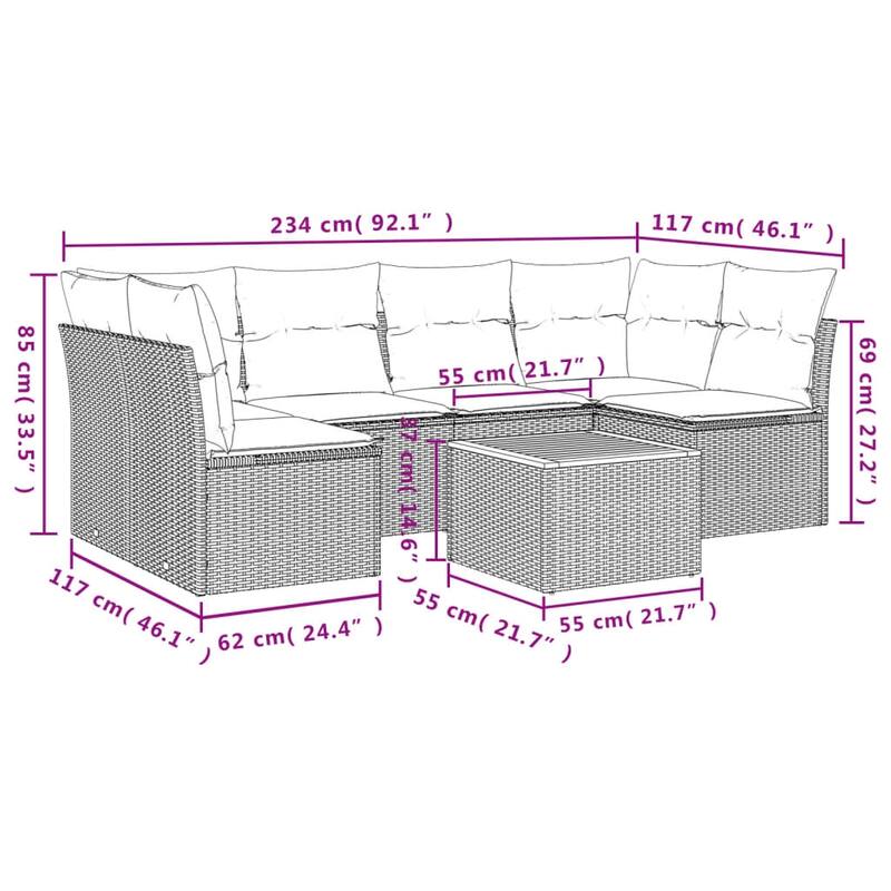 vidaXL Patio Sofa Set with Cushions Outdoor Furniture 7 Piece Poly Rattan - 21.7 x 21.7 x 14.6