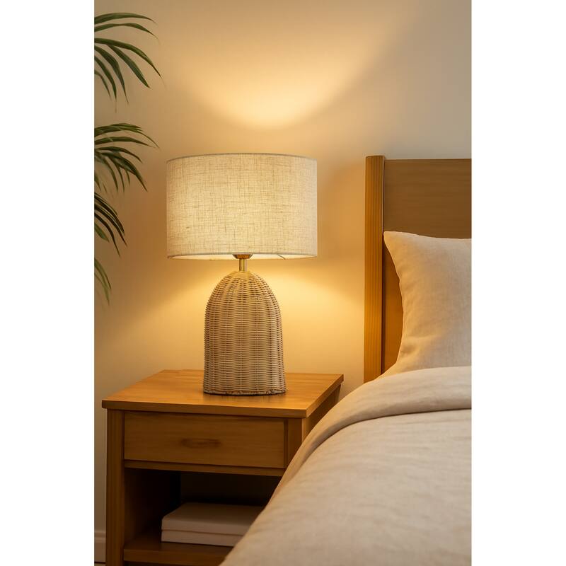 20'' Natural Rattan Bedside Table Lamp Coastal Nightstand Lamp with Classic Beige Fabric Shade for Bedroom, Living Room - W13''