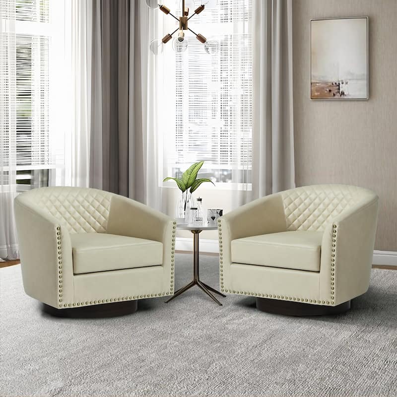 2 Set Tufted PU Vegan Leather Swivel Barrel Chair with Nailheads Trim