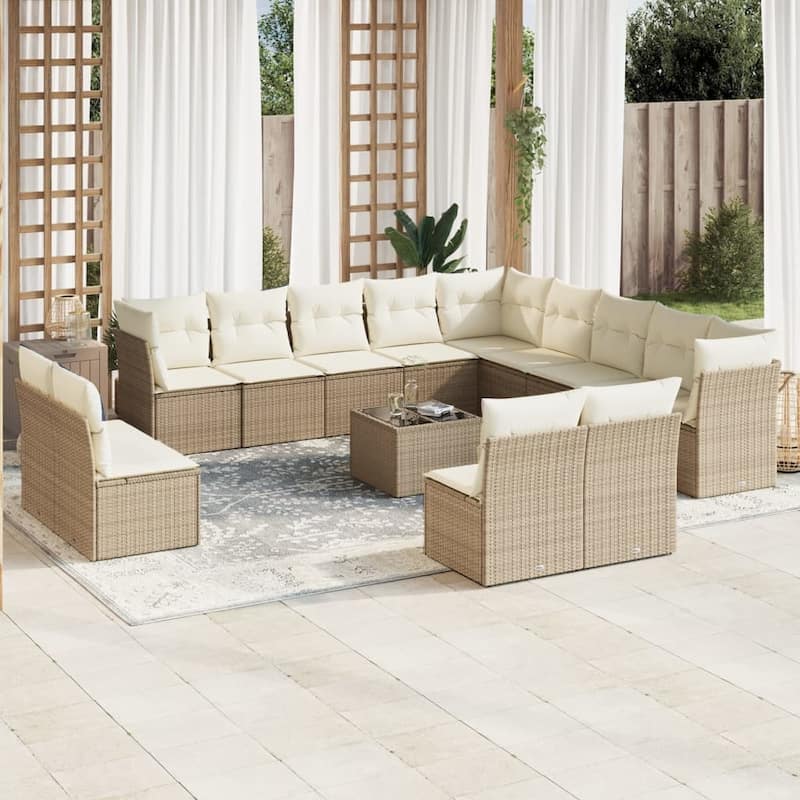 vidaXL Patio Sofa Set with Cushions Outdoor Furniture 14 Piece Poly Rattan - Beige and cream - 21.7 x 21.7 x 14.6
