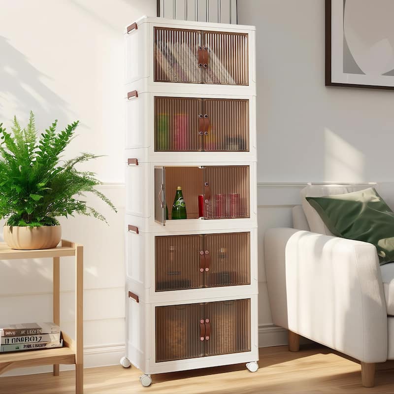 VECELO White PP Plastic Multifunctional Storage Bins with Lid 3/4/5 Tier Stackable Storage Bins with Wheels Magnetic Doors