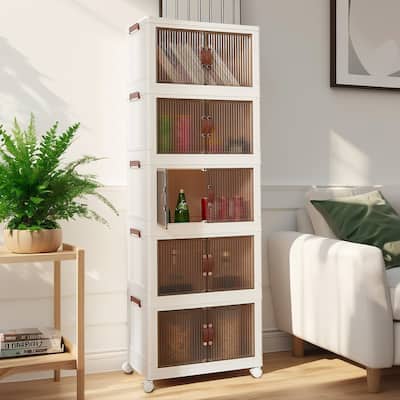 VECELO White PP Plastic Multifunctional Storage Bins with Lid 3/4/5 Tier Stackable Storage Bins with Wheels Magnetic Doors