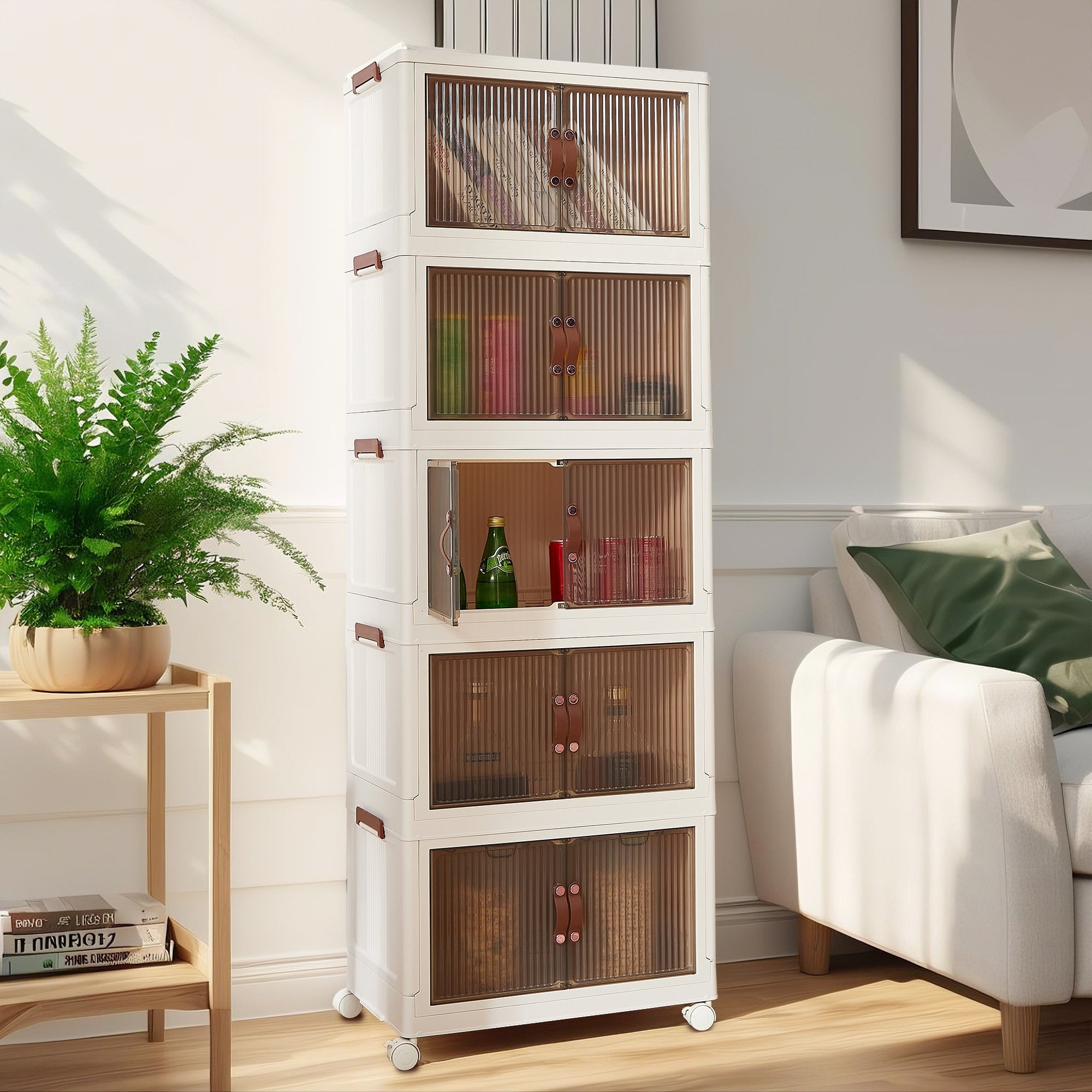 VECELO 3/4/5-Tier White Foldable Stackable Storage Bins with Wheels Rolling Plastic Storage Cabinet with Doors & Lid