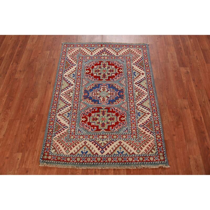 Geometric Blue Kazak Rug Hand-Knotted Accent Wool Carpet - 2'10"x 3'11"