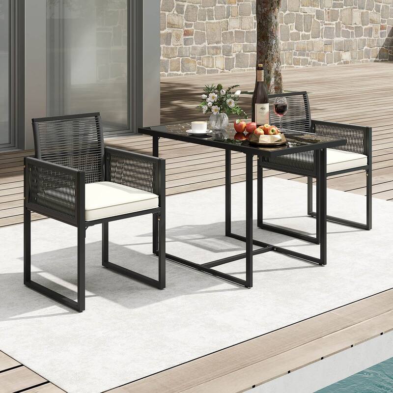 Costway 3 PCS Patio PE Wicker Furniture Set Cushioned Chairs with - See Details - Off-White+Black