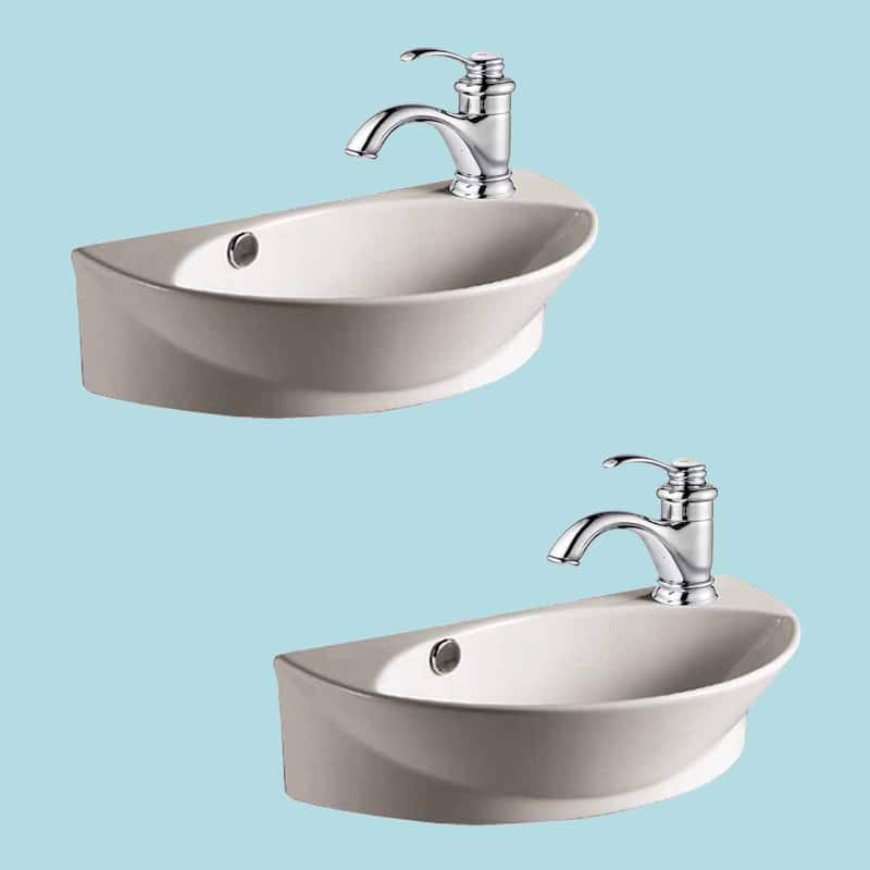 Juniper Wall Mount Sink 17" White Ceramic Oval Sink with Overflow and Single Faucet Hole, (Set of 2) Renovators Supply