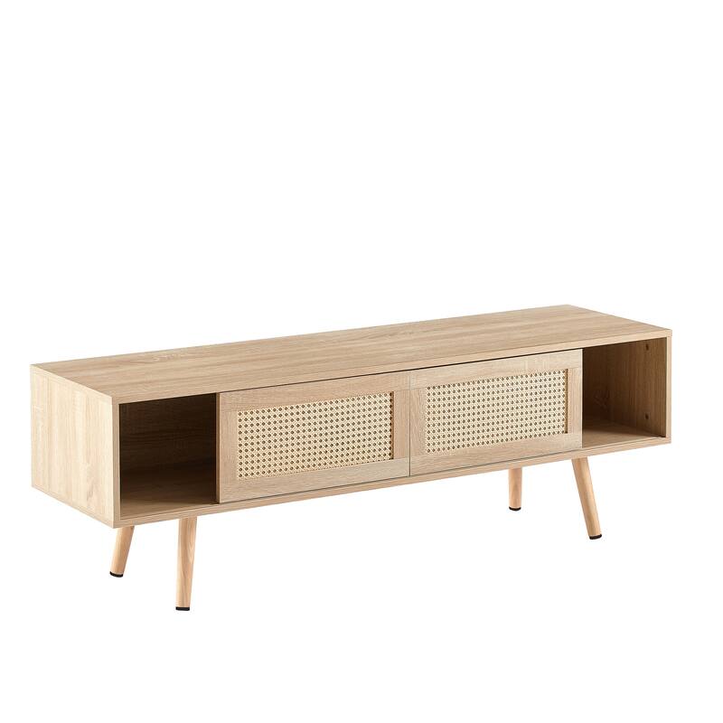 Rattan TV Cabinet with Double Sliding Doors Storage & Adjustable Shelf, Living Room Entertainment Center with Solid Wood Legs