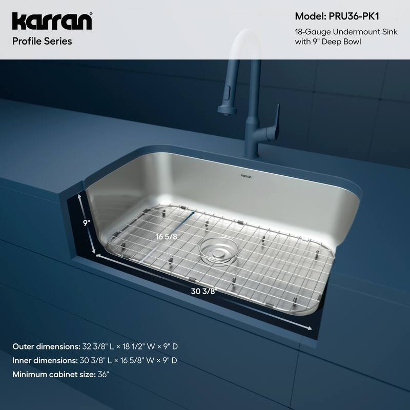 Karran Profile 32” Undermount 18 Gauge Single Bowl Stainless Steel Kitchen Sink with Accessories