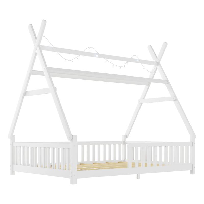 GDF Studio - Brighton Full Size Wooden House Bed with Roof and LED Light