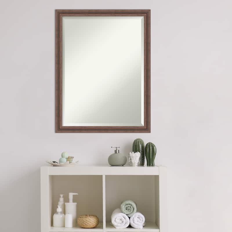 Beveled Wood Bathroom Wall Mirror - Distressed Rustic Brown Frame - Distressed Rustic Brown