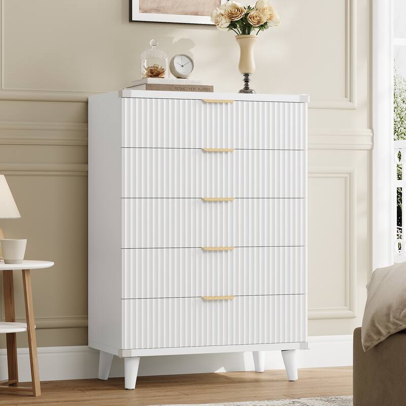 5 Drawer Tall Dresser for Bedroom, Slim Boho Bedroom Furniture - White