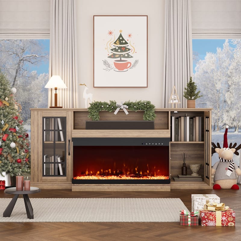 70" Fireplace TV Stand with 3-Sided Glass, ETL Certified, 12 Flame Colors, Realistic Ember Bed, Accommodates TVs up to 80"