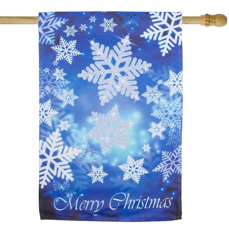 Merry Christmas and Snowflakes Blue and White House Flag 28" x 40" - 28" x 40"