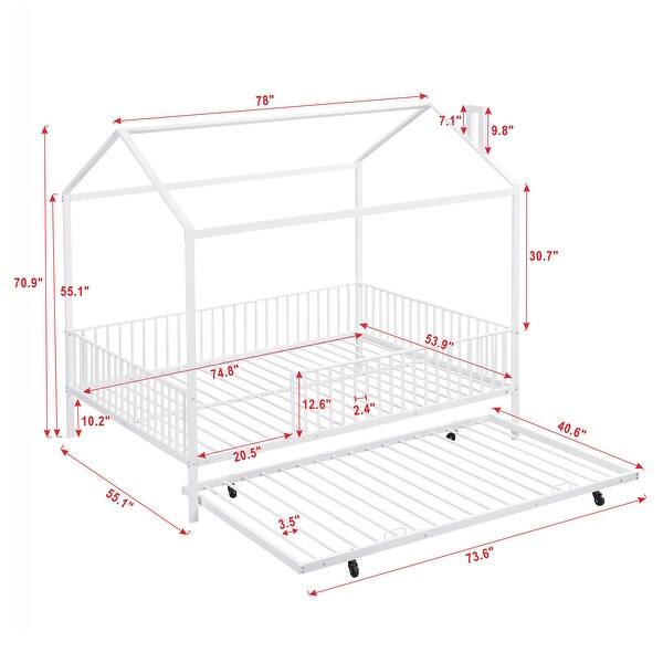dimension image slide 0 of 2, Contemporary Mordern Design Full Size House Platform Bed,Solid Metal Bed with Trundle,Semi-Enclosed Fence