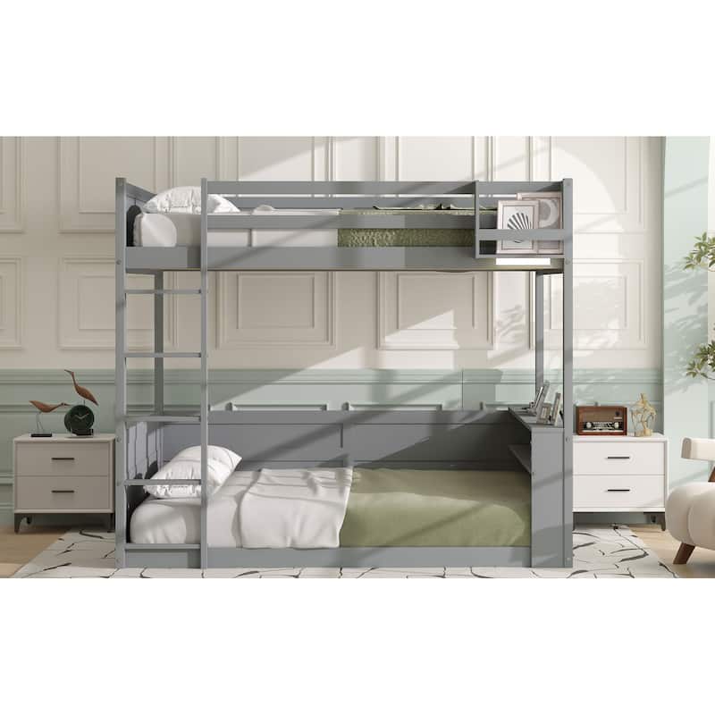 Queen Size Wooden Bunk Bed with Shelves, Storage Box, LED Light, and USB Charging Station, Grey