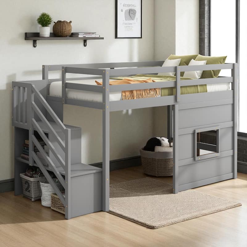 Twin Size Loft Bed with Storage Staircase, Window, LED Light and Guardrails, Solid Wood Frame